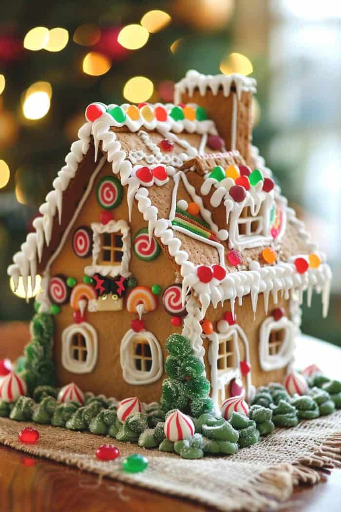 A detailed gingerbread house decorated with various colorful candies and icing, set on a wooden surface with blurred lights in the background.