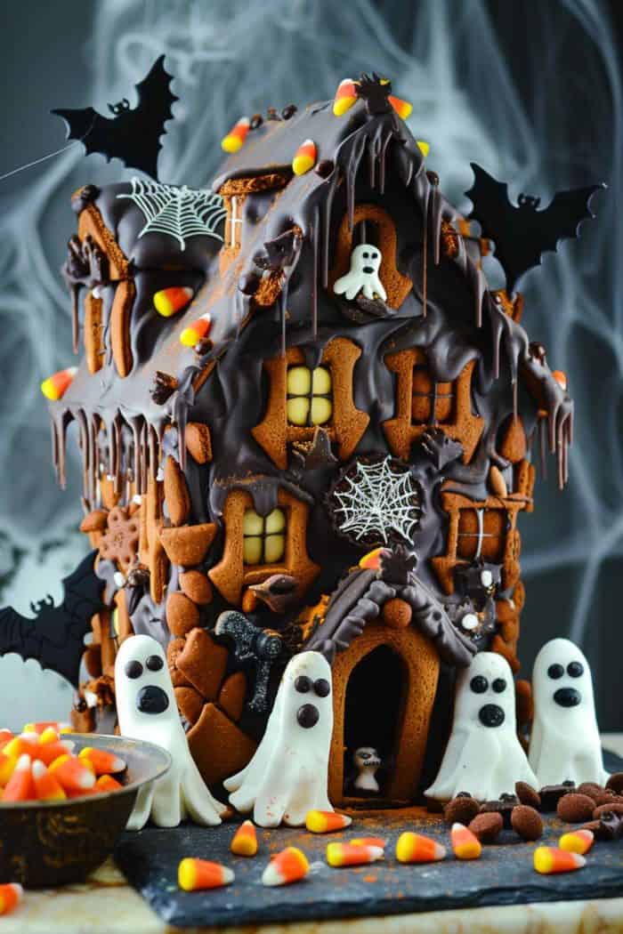 A detailed gingerbread haunted house with chocolate accents, candy corn, ghost decorations, bat-shaped cookies, and spider web details, surrounded by fog.