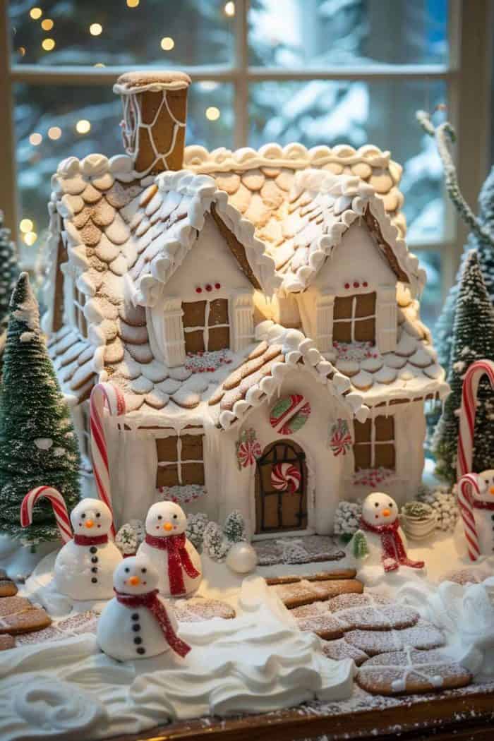 A detailed gingerbread house with frosting decorations, candy canes, and snowman cookies is displayed on a table next to miniature Christmas trees, with twinkling lights and a snowy background visible.