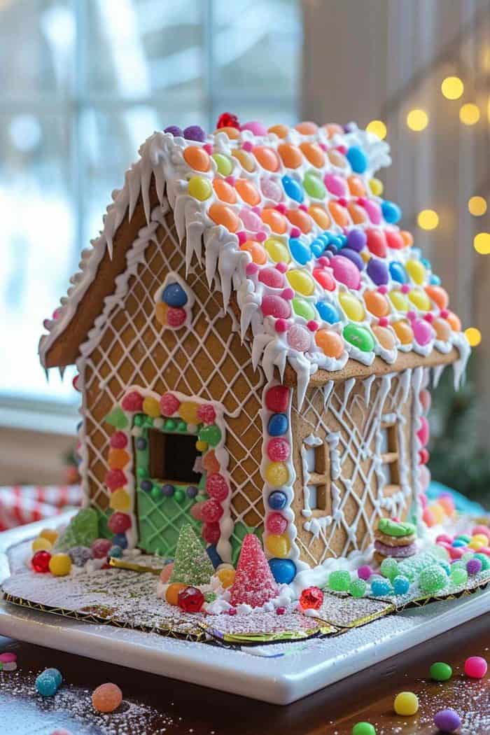 A colorful gingerbread house decorated with various candies, icing, and powdered sugar, sitting on a white platter in front of a window with glowing string lights in the background.