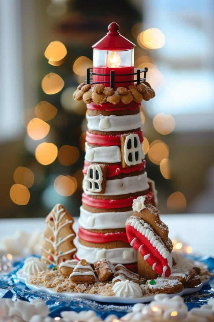 A lighthouse-shaped gingerbread structure decorated with red, white, and brown icing, surrounded by holiday-themed cookies, with festive lights blurred in the background.