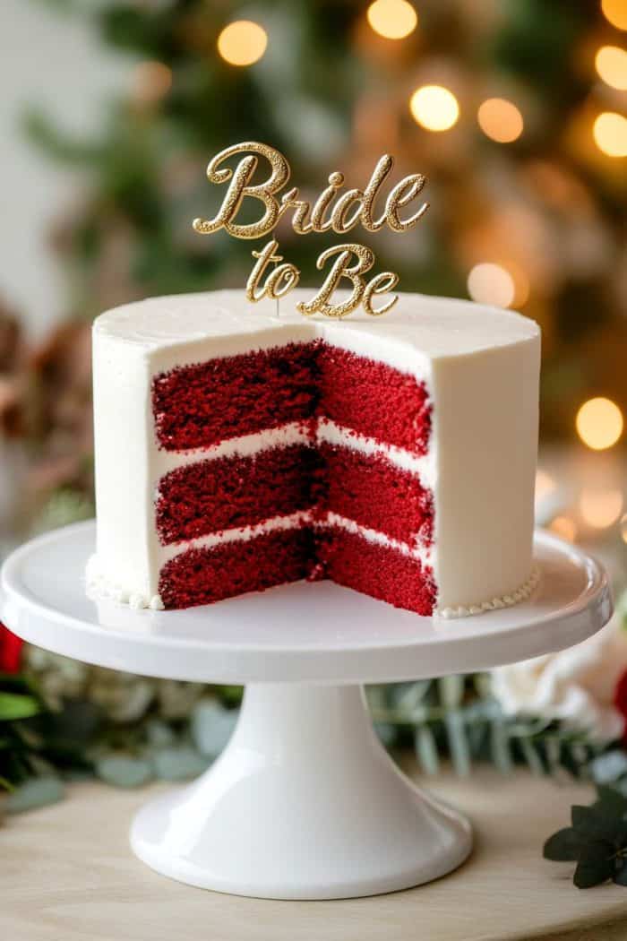 A red velvet cake with white frosting on a white cake stand. One slice is removed, showing three layers. A "Bride to Be" topper is on the cake. In the background, there are blurred festive lights and greenery.