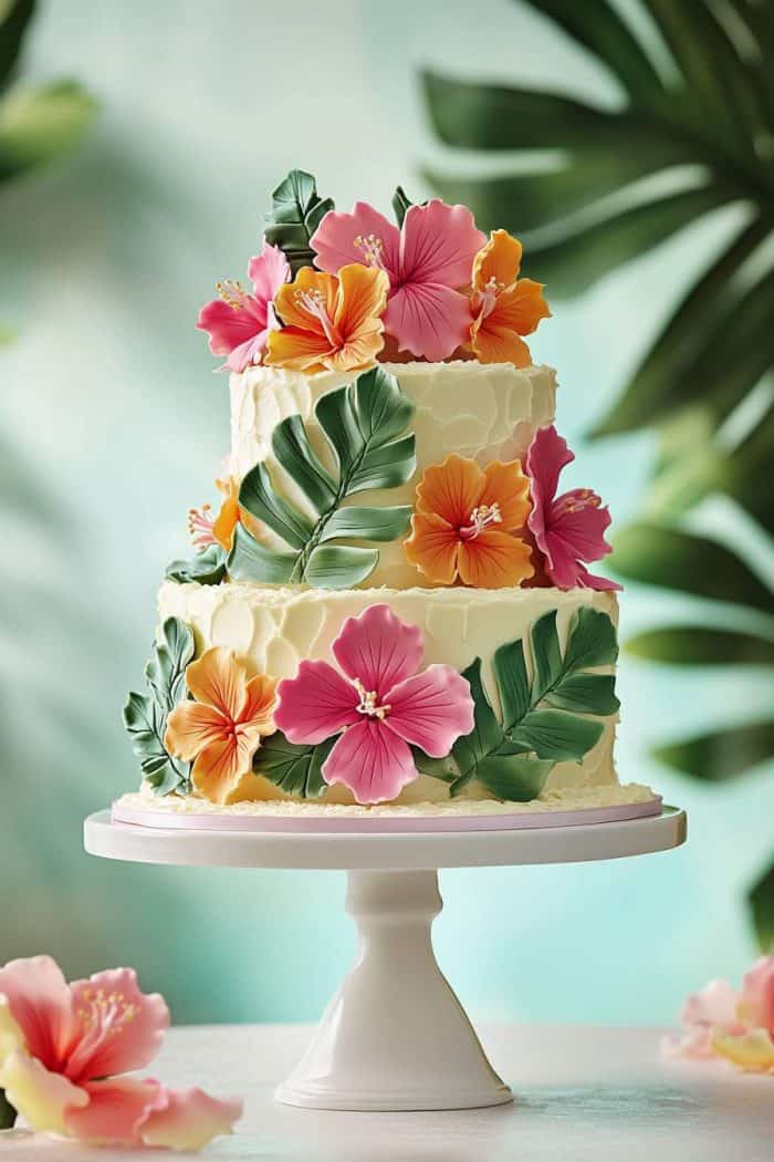 A two-tier tropical-themed cake decorated with vibrant hibiscus flowers and large green leaves. The cake is displayed on a white pedestal against a soft-focus background of green foliage.
