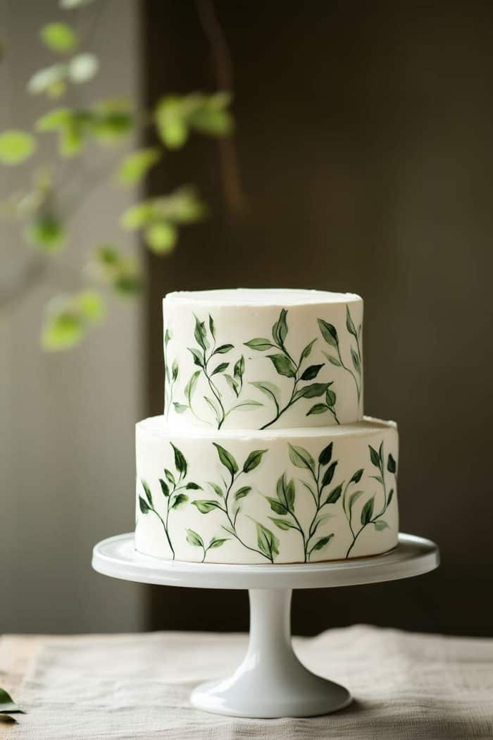 A two-tiered cake on a white stand is adorned with green leaf designs. The background is softly blurred, highlighting the cake's elegant and natural decoration.