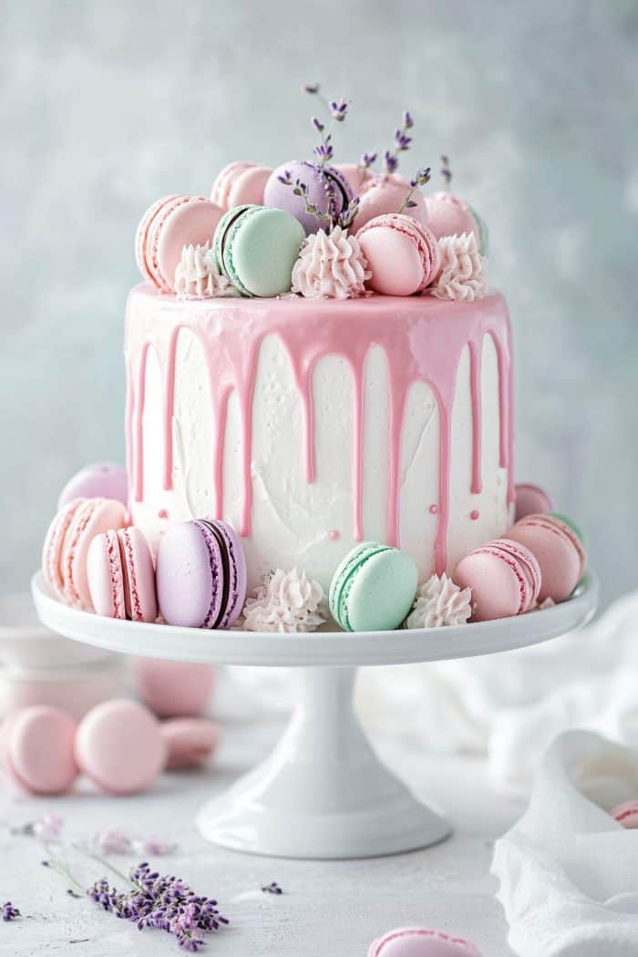 A pastel-themed cake on a white stand, decorated with pink icing drip, pastel-colored macarons. The cake is surrounded by scattered macarons and flowers on a light background.