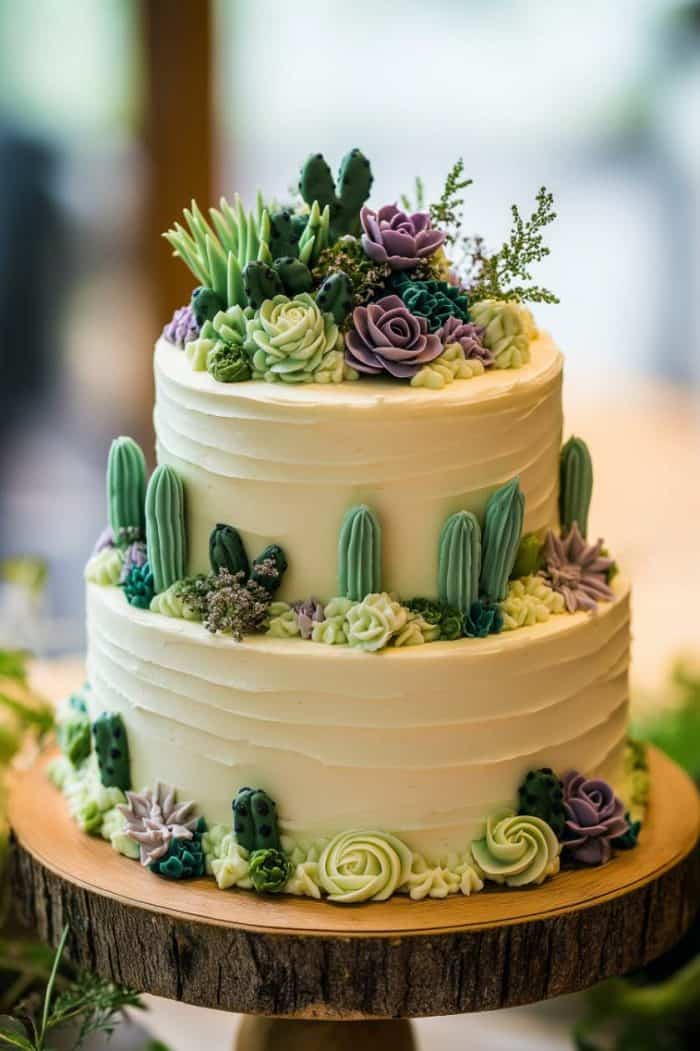 A two-tiered cake decorated with realistic buttercream succulents, including cacti and roses, set on a wooden base. The cake features shades of green, purple, and white, creating a natural garden-like appearance.