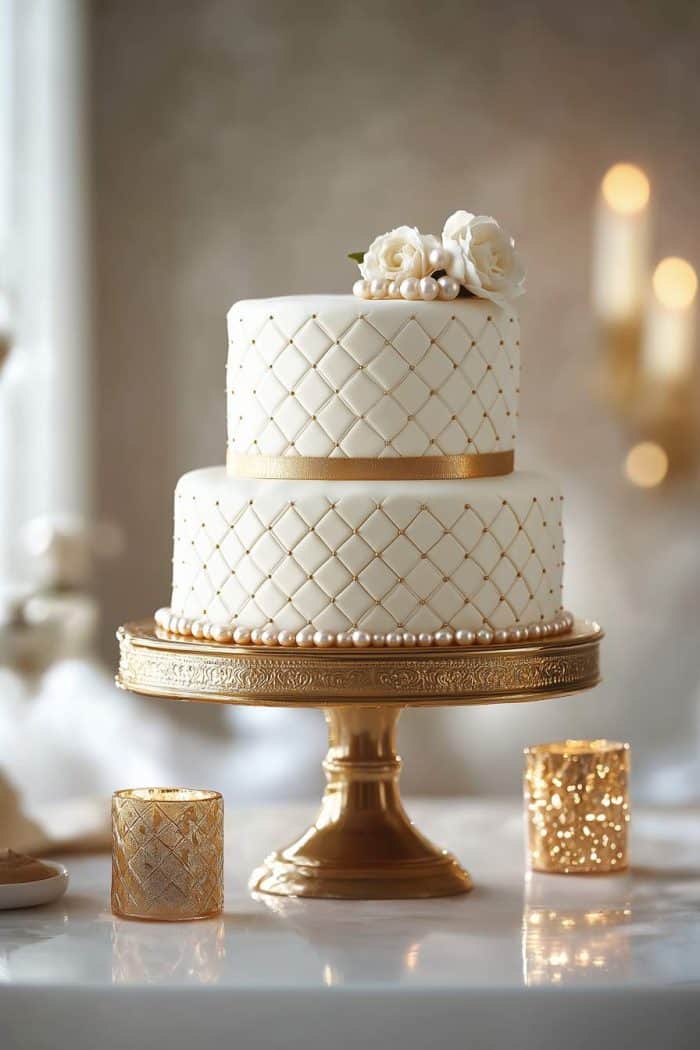 Elegant two-tier white cake with quilted design and gold accents on a gold stand. Topped with white roses and pearls. Surrounded by gold decorative candle holders against a softly lit background.