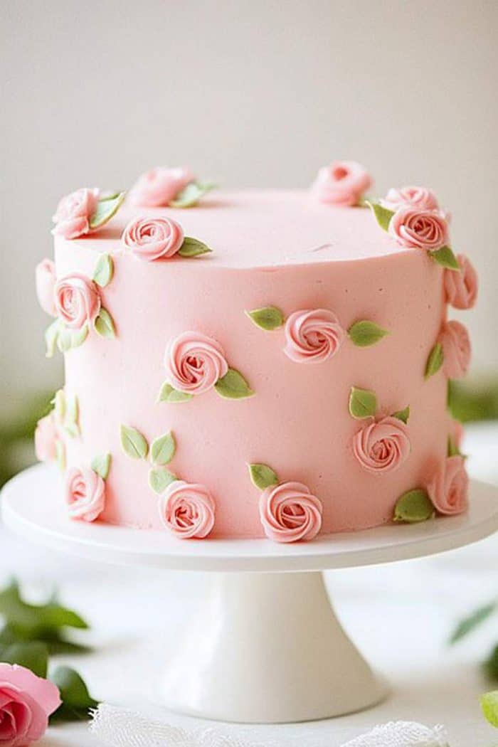 A pink cake adorned with delicate pink rose decorations and green leaves, placed on a white cake stand, with a blurred background.