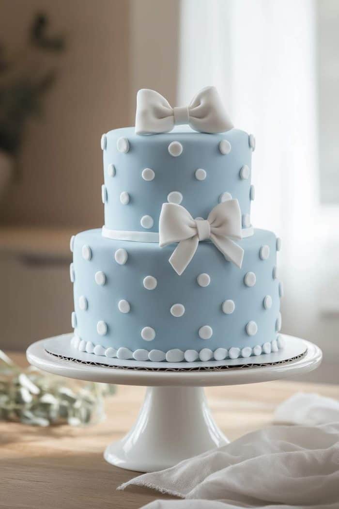 Two-tier blue cake with white polka dots and bows, displayed on a white cake stand. The cake is elegantly decorated and set against a softly lit background, creating a charming and festive appearance.