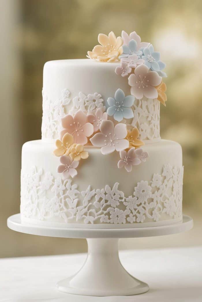 A two-tiered white cake adorned with intricate lace designs and pastel-colored flower decorations, including pink, yellow, and blue blossoms, displayed on a white cake stand against a blurred background.