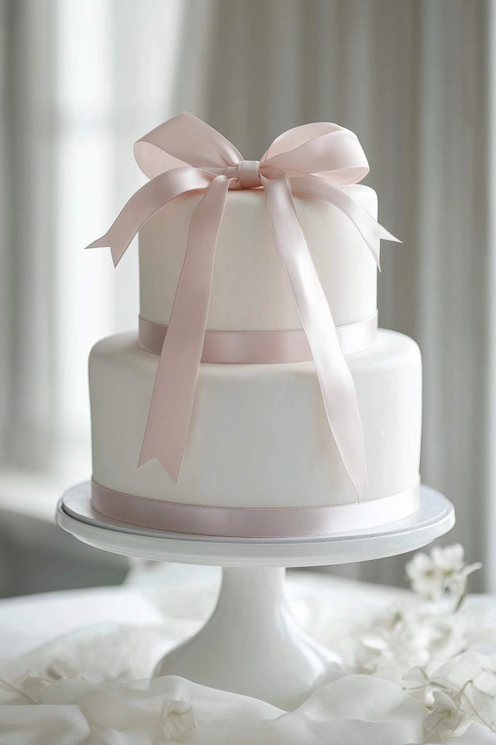 A two-tiered white cake adorned with a light pink ribbon bow on top and matching ribbon around each tier, set on a white cake stand. The background is softly blurred, giving an elegant and delicate appearance.