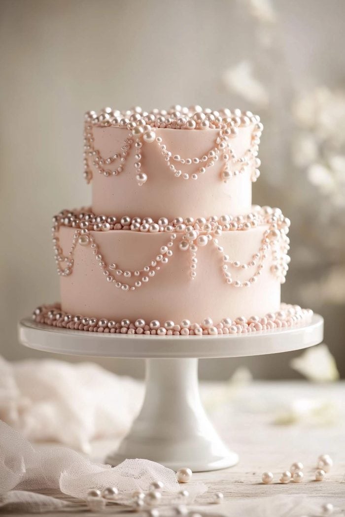 A two-tiered cake on a white pedestal stand, decorated with soft pink icing and adorned with elegant strings of edible pearls draping around each layer. The background is softly blurred, giving a romantic and delicate ambiance.