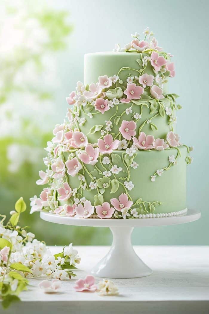 A three-tiered green cake adorned with pink and white sugar flowers, displayed on a white cake stand. The background is softly blurred, enhancing the delicate floral decorations.