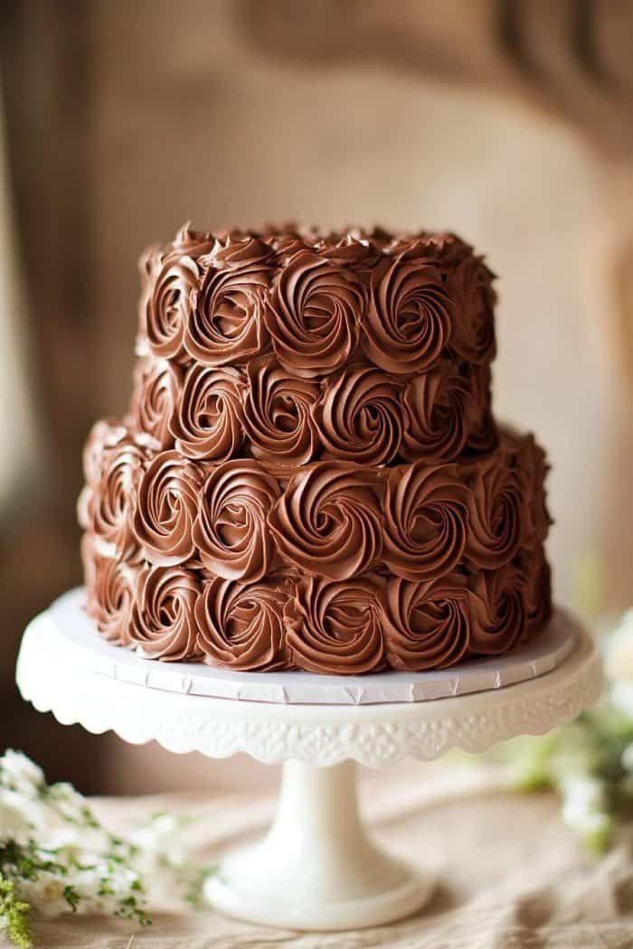 Two-tiered chocolate cake with intricate rose-shaped frosting swirls, displayed on a white cake stand. The background is softly blurred, highlighting the cake's elegant design.