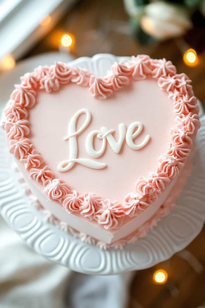 A heart-shaped pink cake with the word "Love" written on top in white icing. The cake is decorated with pink piped icing along the edges and sits on a decorative white cake stand. Warm lights are softly blurred in the background.