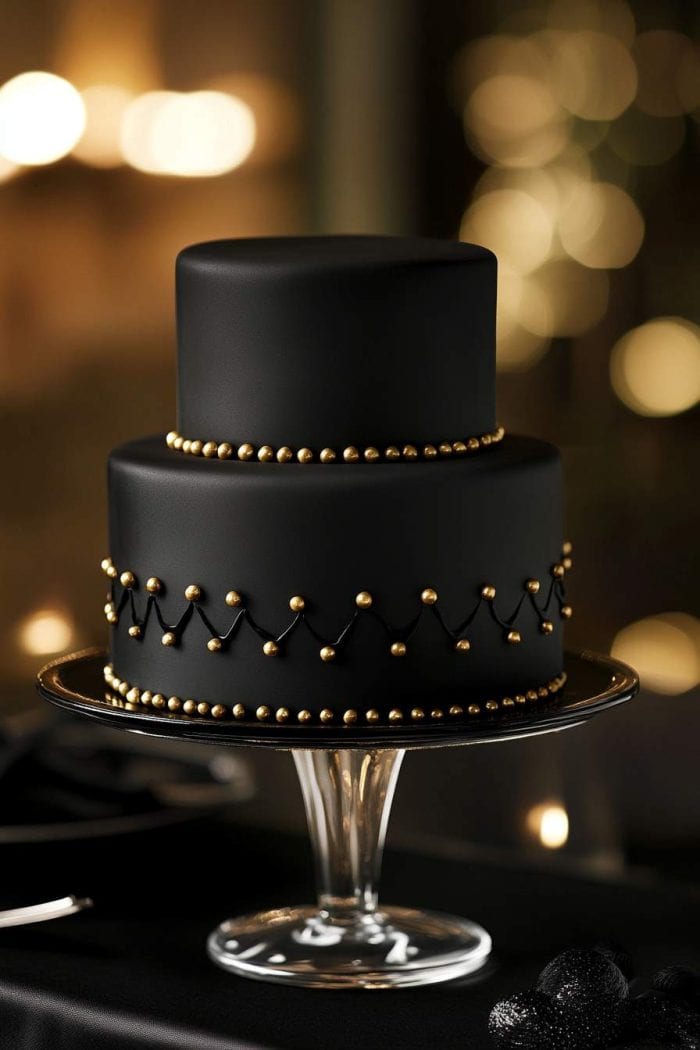 A two-tiered black cake decorated with gold beads is displayed on a glass cake stand. The cake has a smooth fondant finish and is set against a softly lit, blurred background, creating an elegant and stylish presentation.