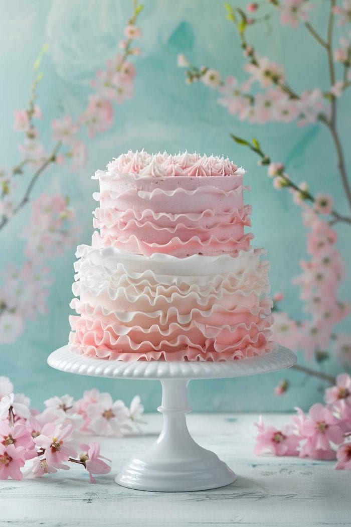A two-tiered cake with pink and white ruffled icing sits on a white cake stand. The background features soft-focus cherry blossoms, and a few blossoms are scattered on the wooden surface below.