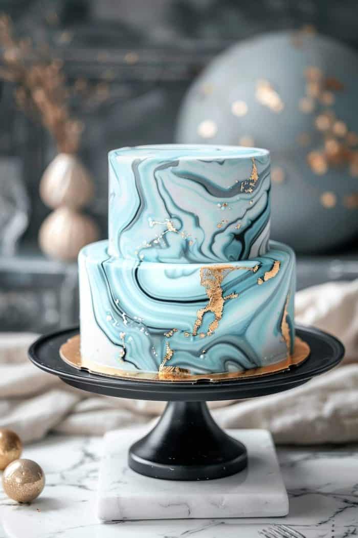 A two-tiered cake with a marbled blue and white design, accented with gold leaf details, sits on a black cake stand with a marble base. The background features blurred vases.
