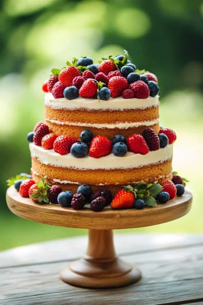 A two-tier naked cake topped with fresh strawberries, blueberries, and raspberries, displayed on a wooden cake stand. The cake is set outside with a blurred green background, adding a natural ambiance.