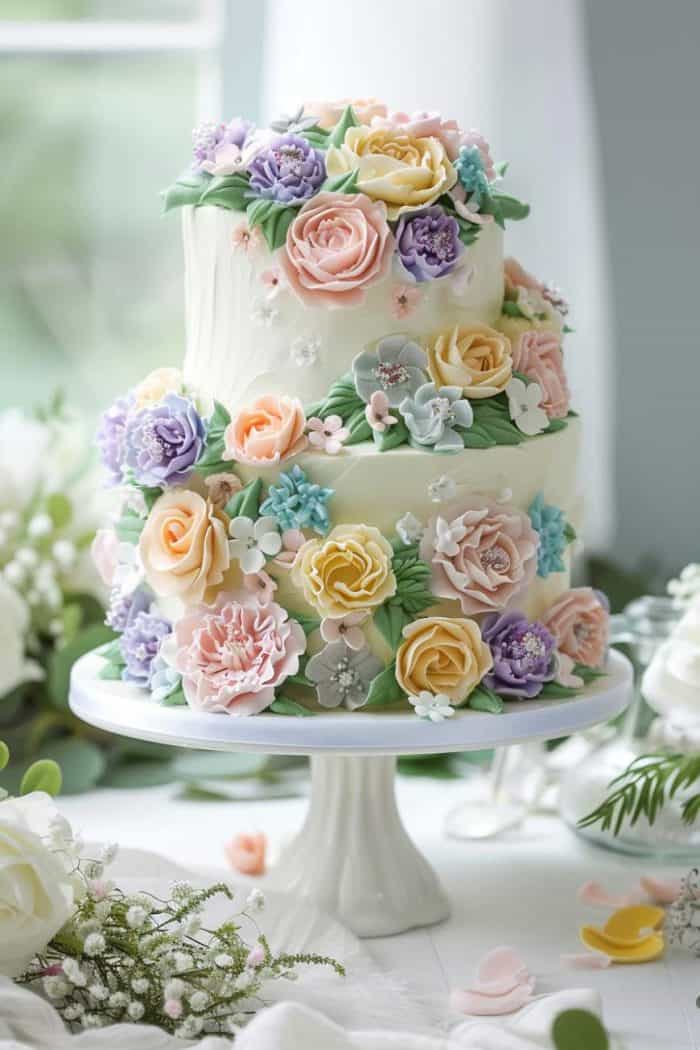 A two-tiered cake adorned with intricate pastel-colored buttercream flowers, including roses and hydrangeas. The cake sits on a white stand, surrounded by scattered flower petals and greenery, against a softly lit background.