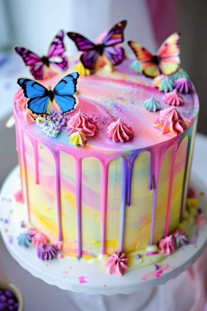 A colorful cake with swirled pastel icing and dripping glaze, topped with decorative butterflies and frosting rosettes in pink, purple, and blue. It's displayed on a white cake stand.