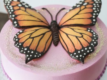 A round cake with light pink frosting is adorned with a large, detailed edible butterfly decoration on top. The butterfly features orange and black wings with white spots. The cake is bordered with purple piping and sits on a decorative stand.