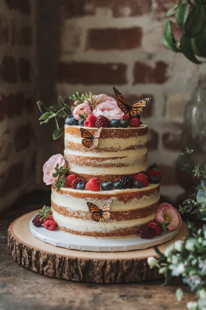 A two-tier naked cake adorned with fresh berries, pink flowers, and orange butterflies. The cake sits on a wooden slab against a rustic brick wall.