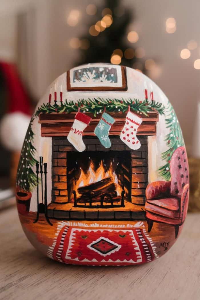 A painted rock featuring a cozy fireplace scene with stockings hung above it. The image includes a glowing fire, a wreath, a candelabra, an armchair, and a red rug, creating a warm holiday atmosphere.