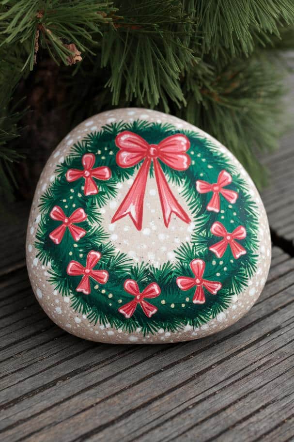 A painted rock sits on a wooden surface, featuring a Christmas wreath adorned with red ribbons and bows. Pine branches are visible in the background.