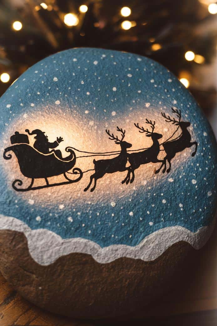 A painted rock features a silhouette of Santa in a sleigh pulled by reindeer against a snowy, night sky background. Festive lights softly glow in the blurred background.