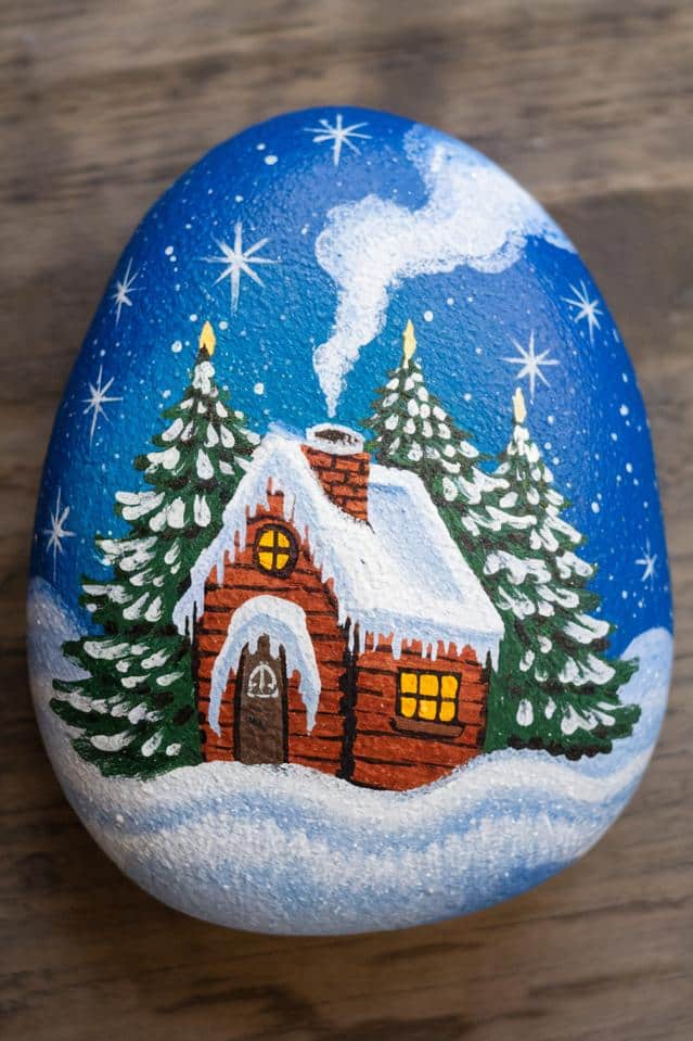 A small rock painted with a cozy winter scene: a snow-covered cabin with lit windows, surrounded by pine trees under a starry night sky. Smoke curls from the chimney, creating a warm and inviting atmosphere.