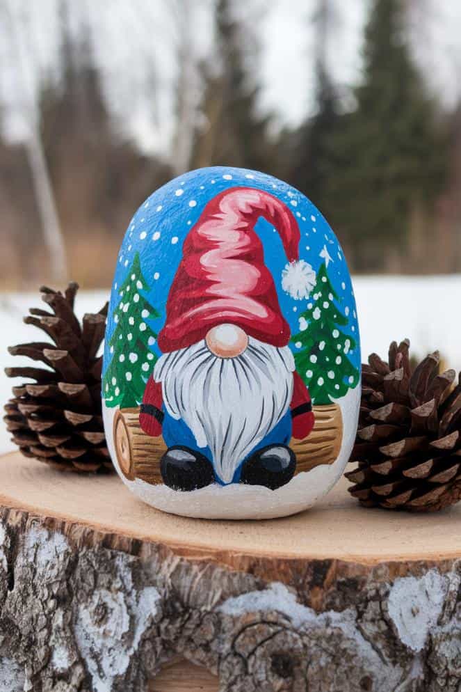 A painted rock features a gnome with a red hat, white beard, and blue outfit, sitting on a log. Snowy pine trees are in the background. Two pinecones flank the rock, all placed on a tree stump outdoors.