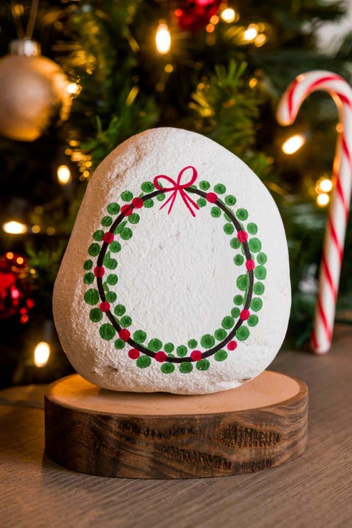 A painted stone features a green wreath with red accents and a red bow, displayed on a wooden base. It's set against a blurred background with Christmas decorations, including a candy cane and tree lights.