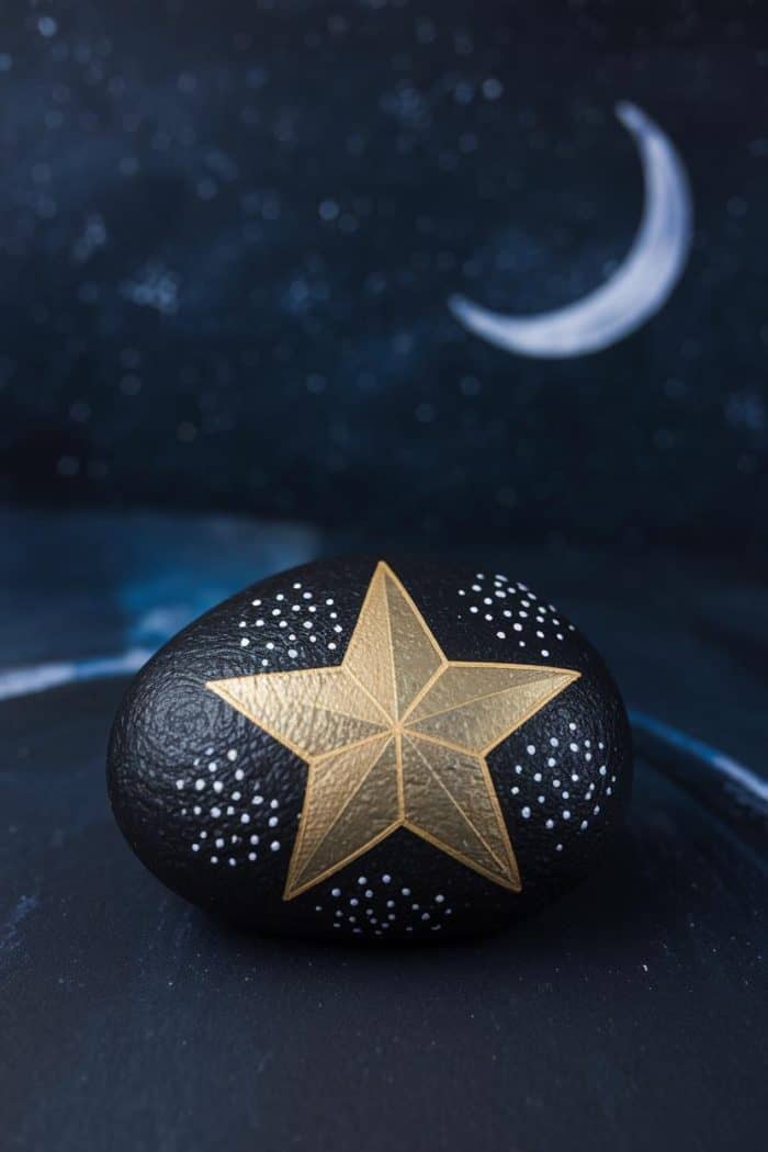 A black stone painted with a gold star and white dots sits on a dark, cosmic-like surface. In the background, there is a crescent moon against a starry night sky.