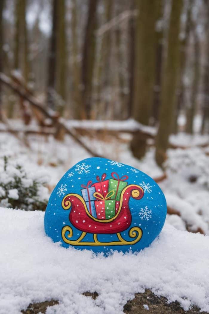 A painted rock with a red sleigh filled with colorful presents and snowflakes is nestled in a snowy forest setting.
