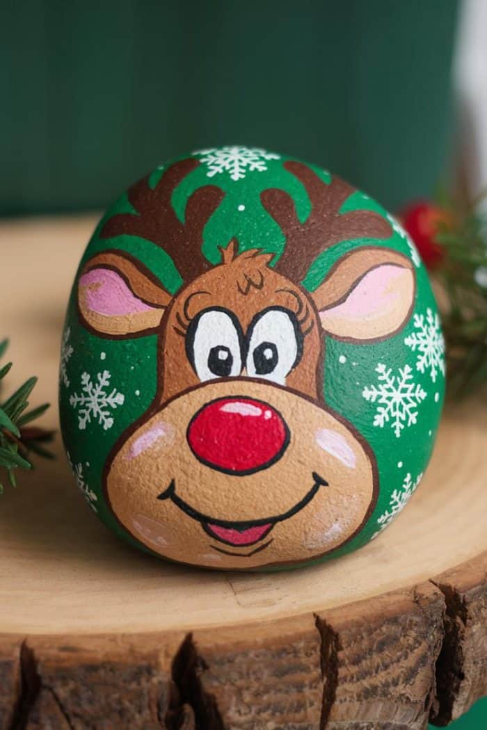 A painted rock featuring a cartoon reindeer with antlers, a red nose, and a big smile. The background is green with white snowflakes. The rock is placed on a wooden surface with some greenery around it.