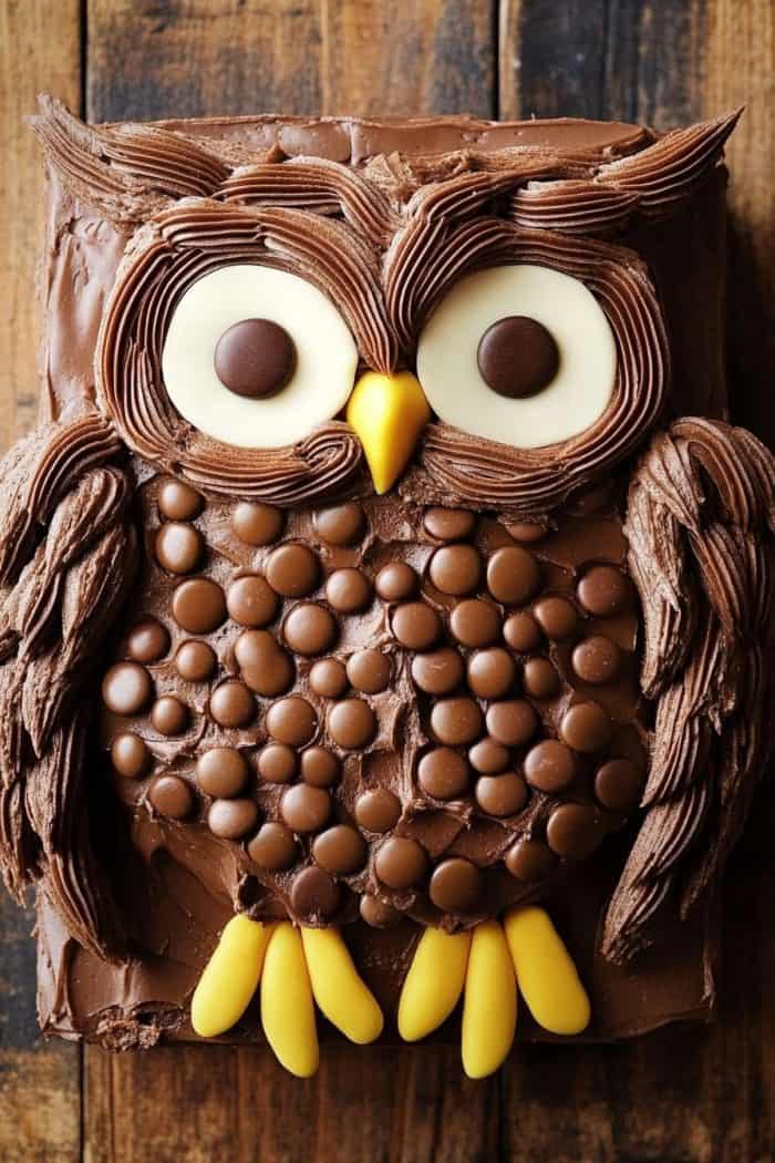 A chocolate cake decorated to resemble an owl, with chocolate frosting, candy eyes, yellow beak and claws, and chocolate buttons on the body, on a wooden surface.