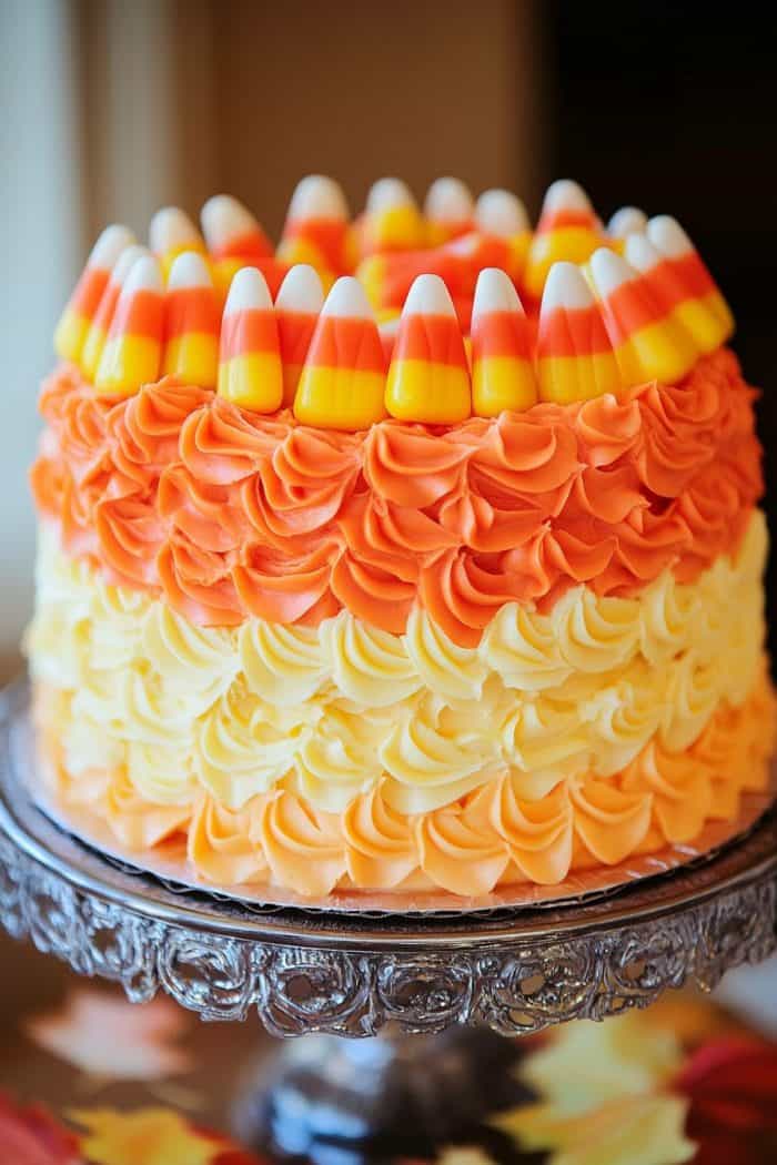 A round cake with orange and yellow frosting rosettes, topped with a ring of candy corns, displayed on a decorative silver cake stand.