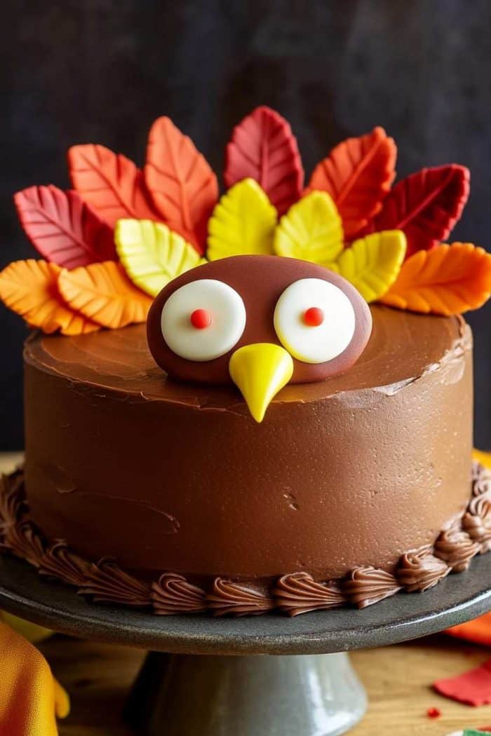 A chocolate cake decorated with fondant eyes, a yellow beak, and colorful fondant feathers, resembling turkey.