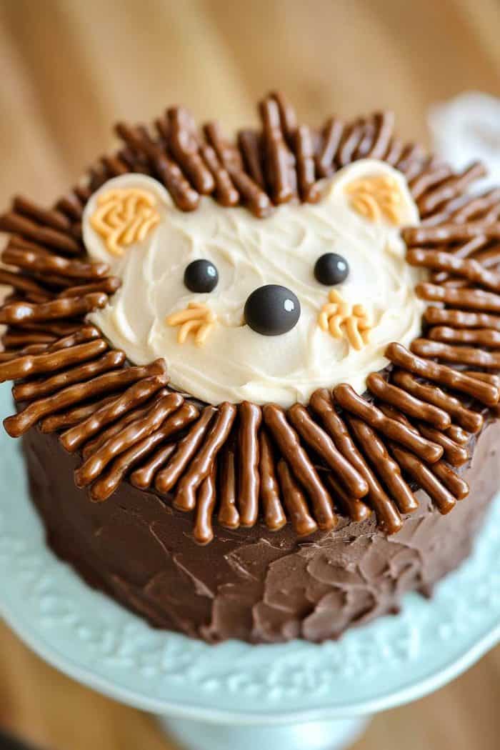 A round cake decorated to resemble a hedgehog, with chocolate frosting, a cream-colored face, chocolate pretzels for the spikes, and small candies for facial features.