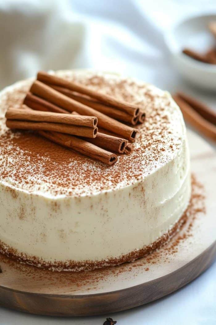 A frosted cake topped with several cinnamon sticks and dusted with cocoa powder, placed on a wooden board.