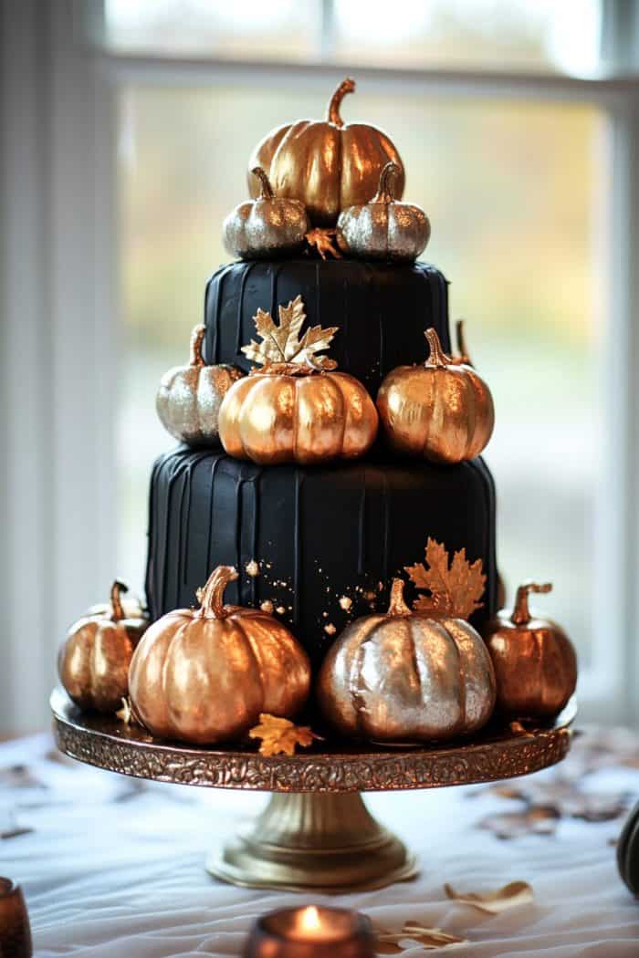 A three-tier black cake topped with gold pumpkins and leaves, displayed on an ornate stand.