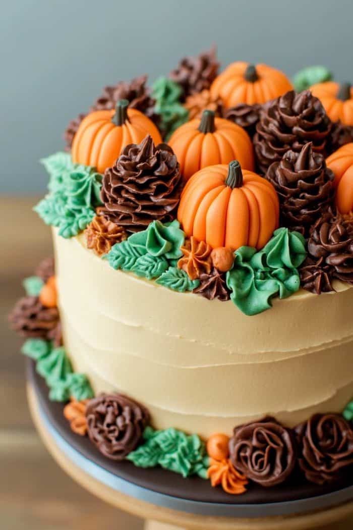 A cake decorated with orange pumpkin-shaped fondant, chocolate frosting swirls, and green frosting leaves sits on a dark cake stand.