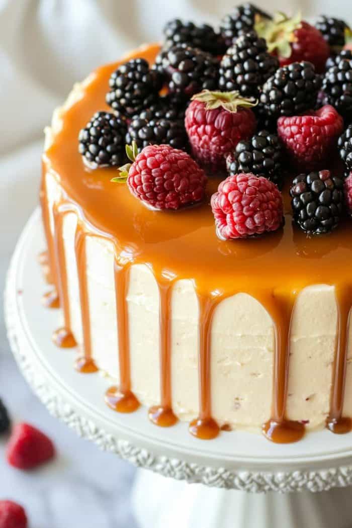A round cake with caramel drizzle, decorated with blackberries and raspberries, sits on a decorative white cake stand.