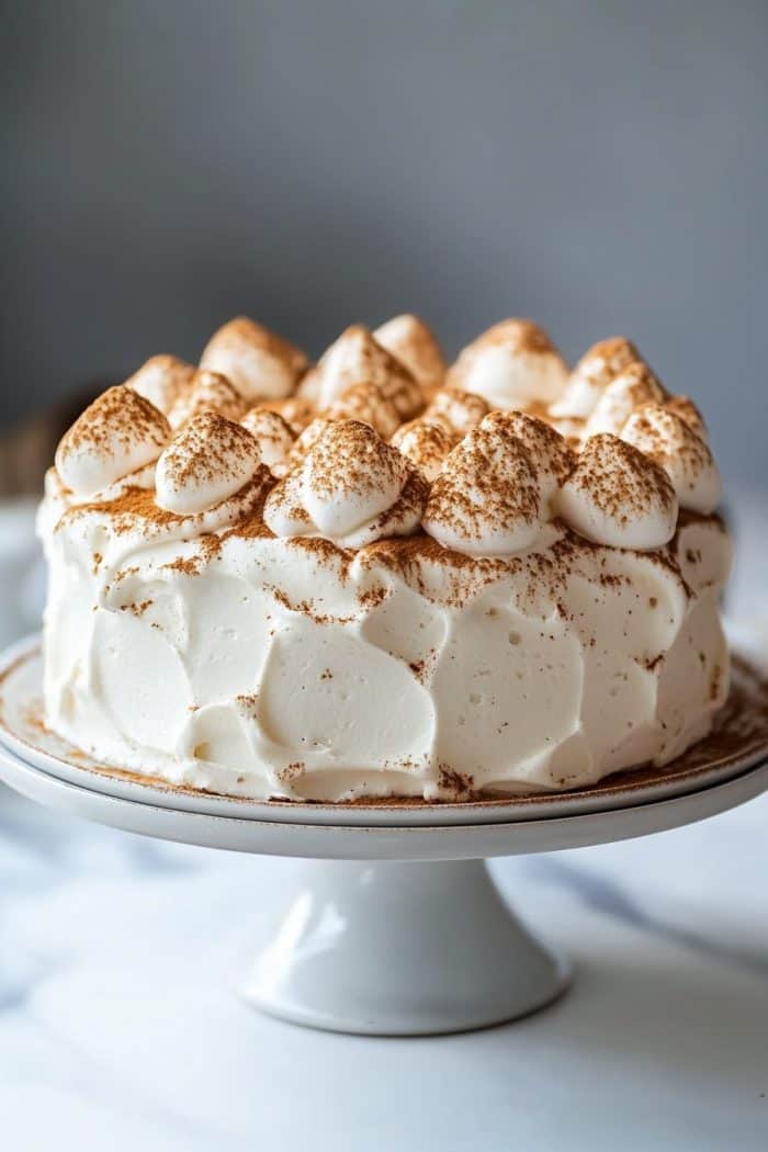 A cake with cream frosting and cocoa powder garnish sits on a white pedestal stand.