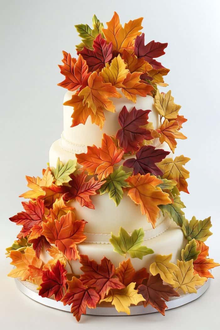 Three-tiered white cake adorned with autumn-colored maple leaves in shades of red, orange, yellow, and green.