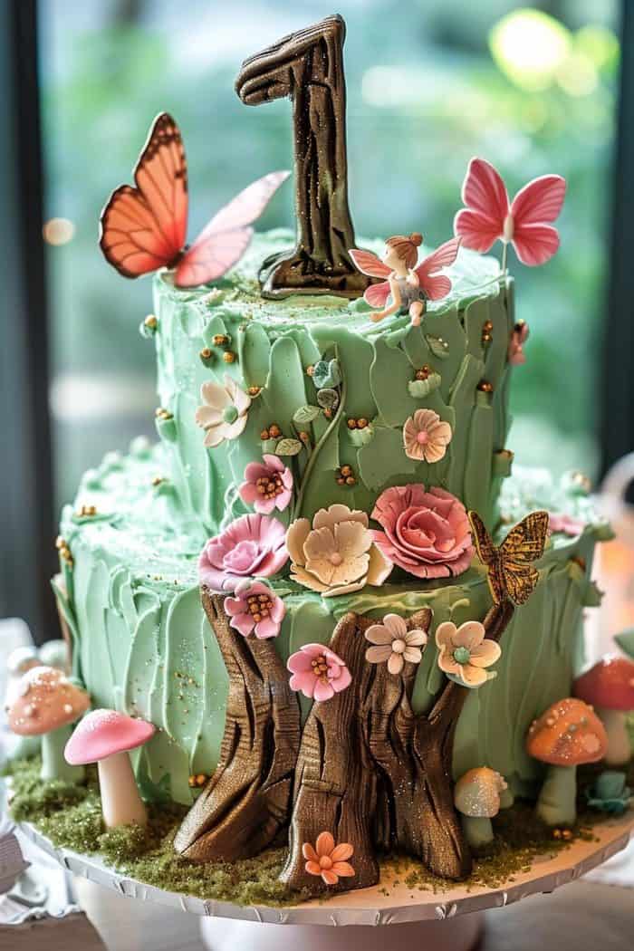 A whimsical, two-tiered cake with green icing, decorated with pink flowers, butterflies, and mushrooms. A large number 1 topper sits on top, surrounded by intricate icing resembling tree bark and leaves, creating an enchanted forest theme.