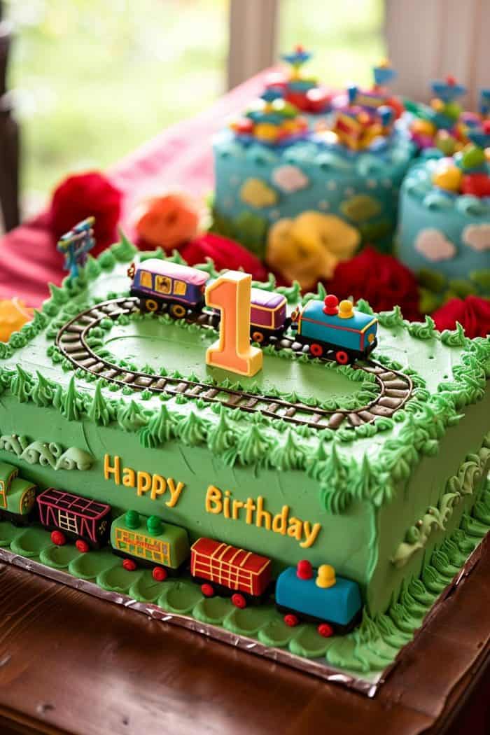 A colorful first birthday cake with a train theme. The square cake is decorated with a train track and toy train on top, and features a large number one candle. The sides have train designs and "Happy Birthday" written in yellow icing.