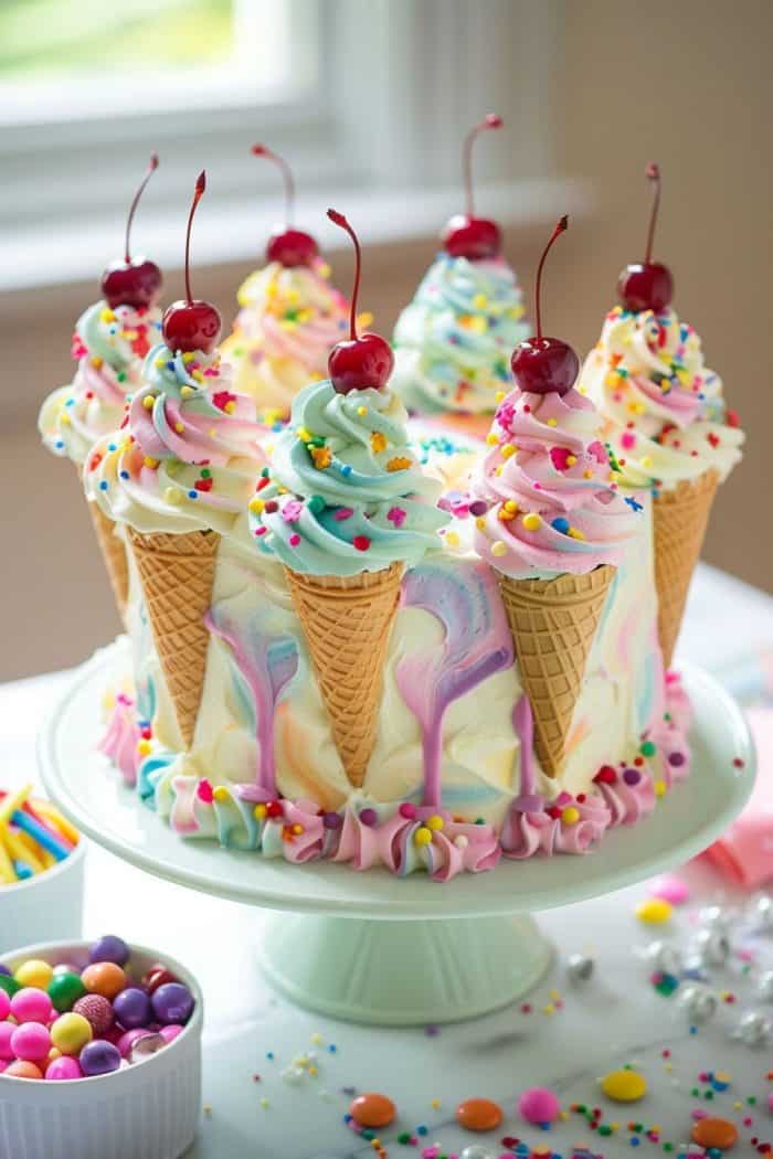 A colorful cake topped with swirled frosting cones and cherries, decorated with rainbow sprinkles. The cake is displayed on a white stand, and assorted candies are scattered around it.