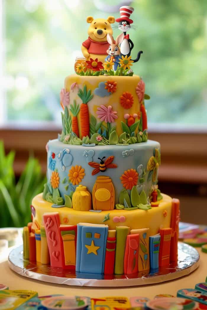 Three-tier cake with colorful book and garden-themed decorations, featuring figurines of a bear, a cat in a hat, and a mouse on top. The backdrop includes a blurred green outdoor view.